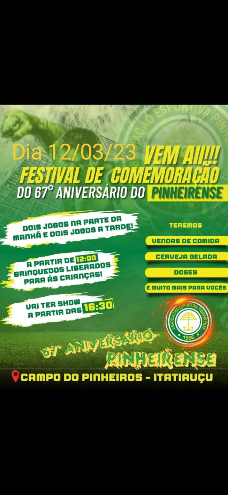 Festival de aniversário do  Pinheirense é neste domingo